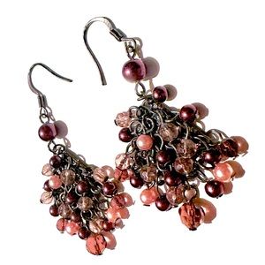 Chandelier Cluster Bead Earrings Purple Pink Dark Silver Beaded Teardrop Dangle